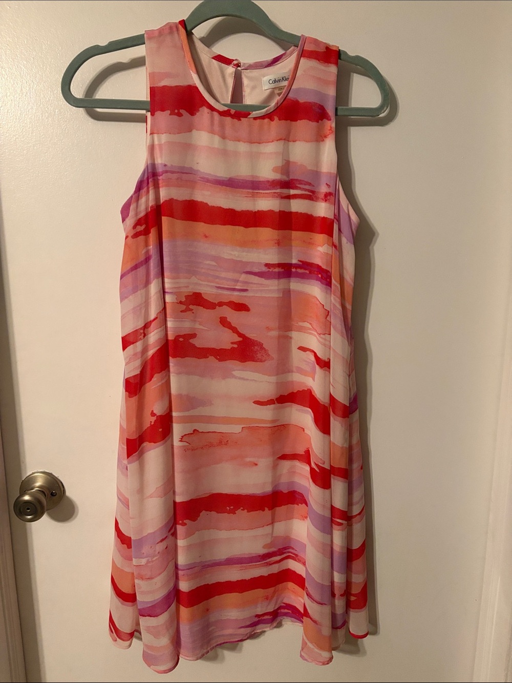 Calvin Klein Sleeveless Watercolor Stripe Dress - Red, Pink & Cream